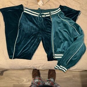 Green Velour Tracksuit with White Stripes